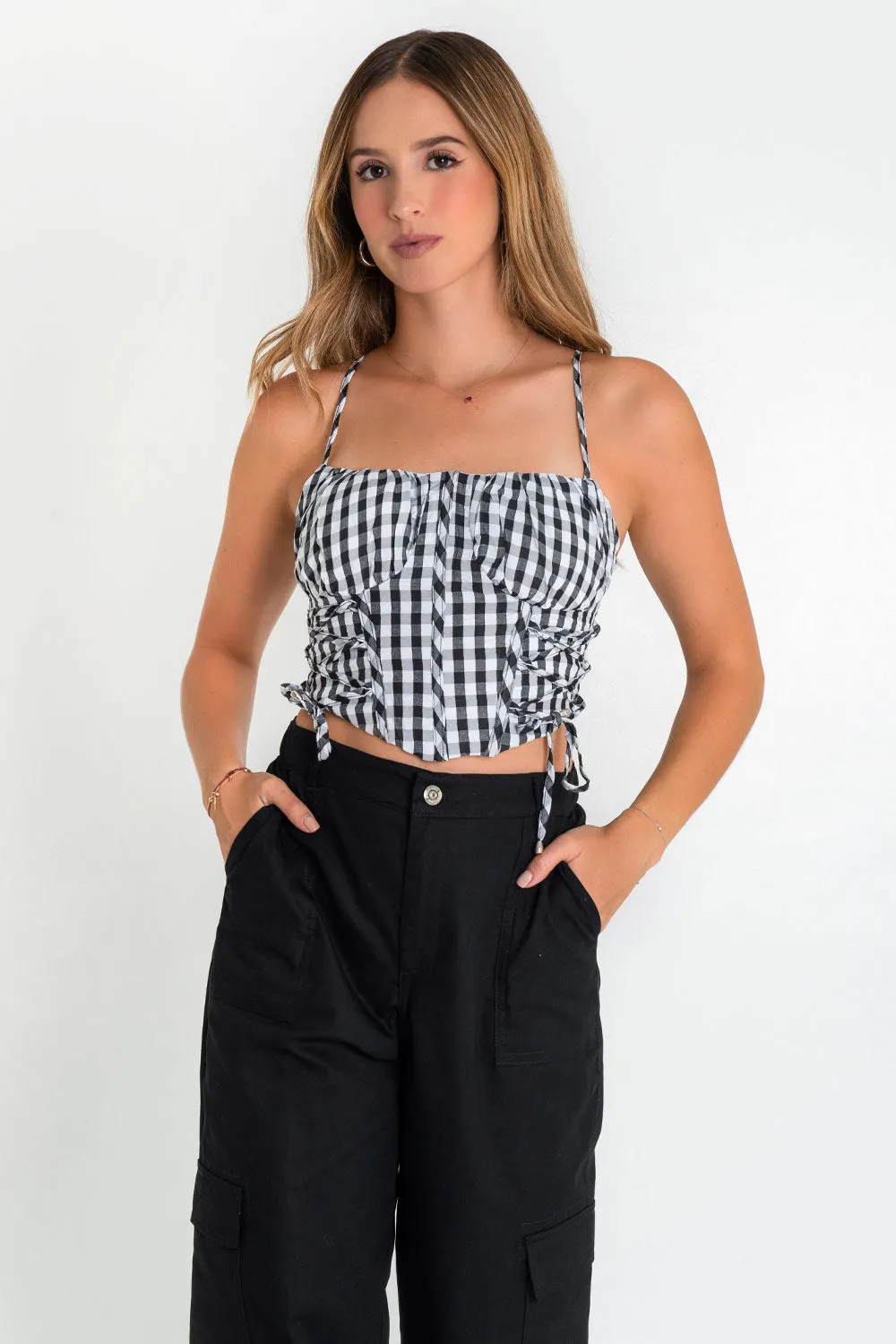 Top corset de cuadros con lazado lateral