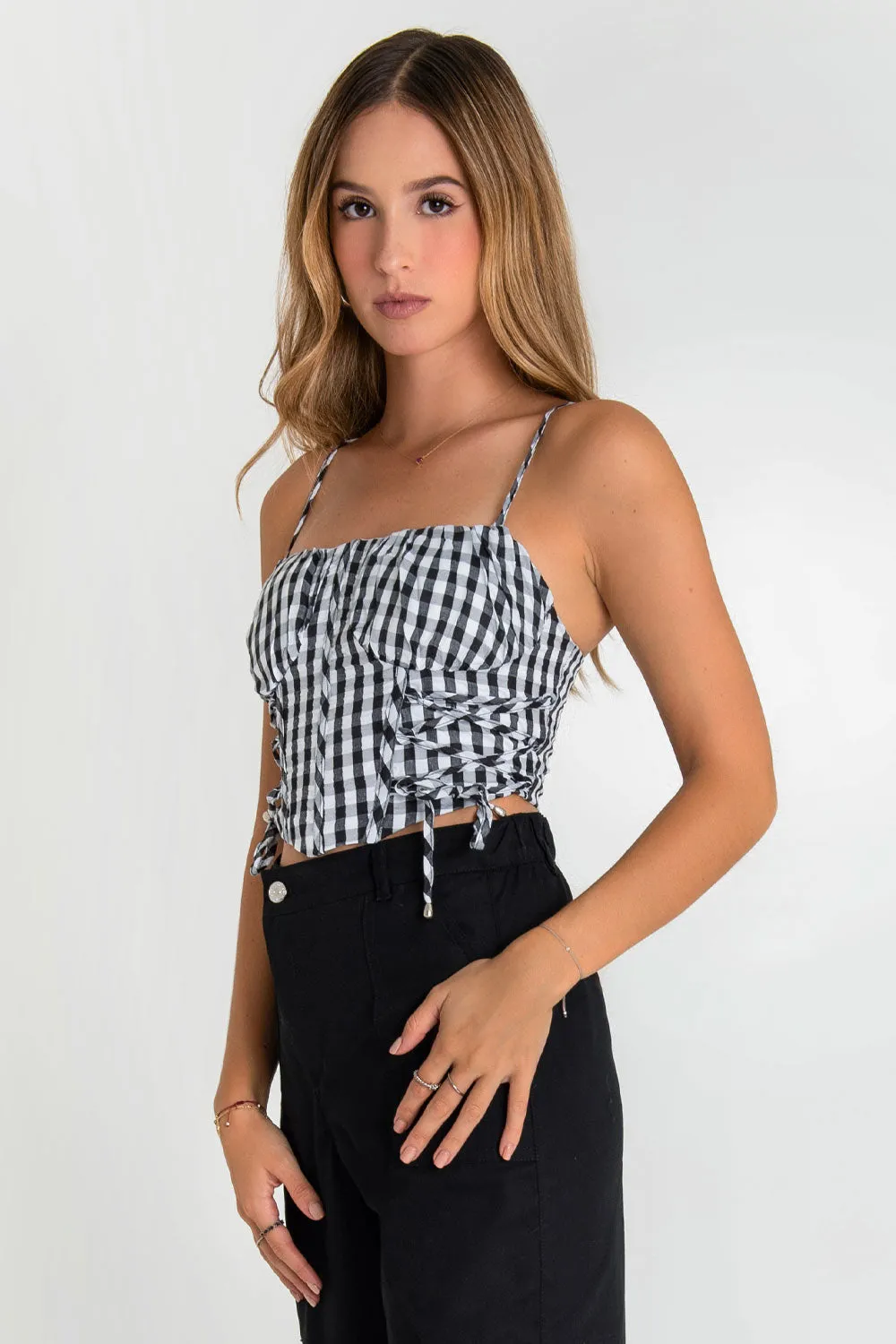 Top corset de cuadros con lazado lateral