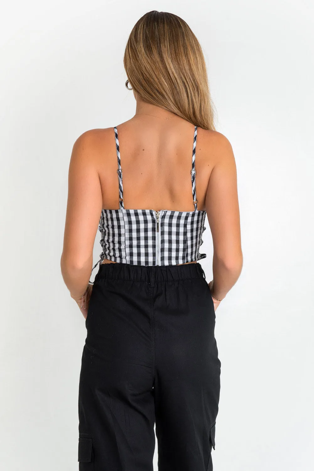 Top corset de cuadros con lazado lateral