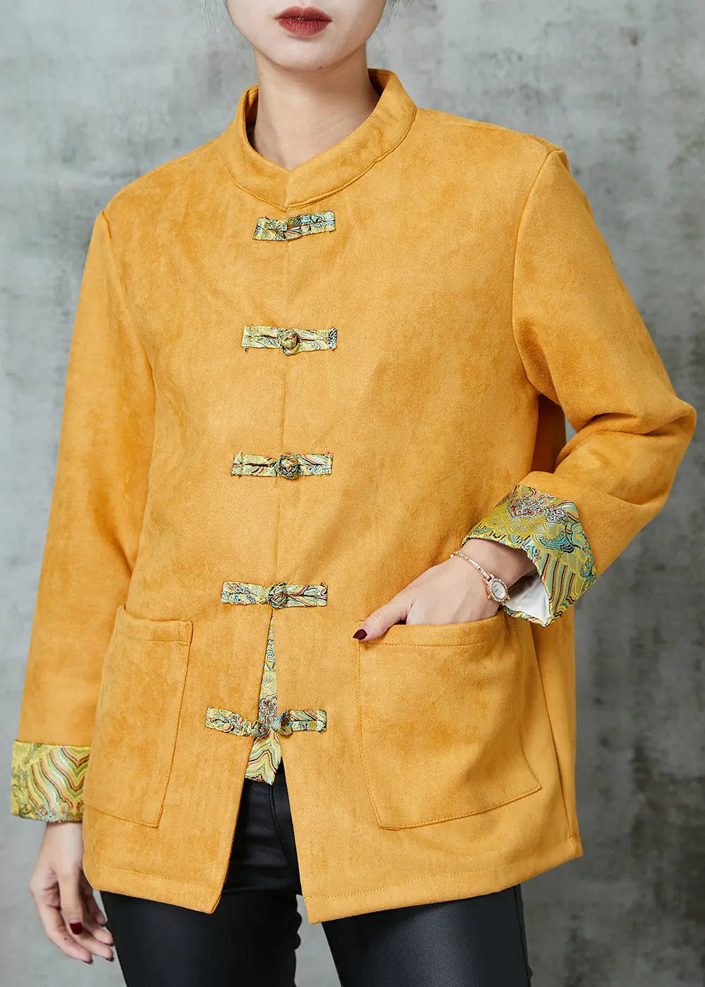 Unique Yellow Pockets Faux Suede Chinese Style Jackets Spring JK1057