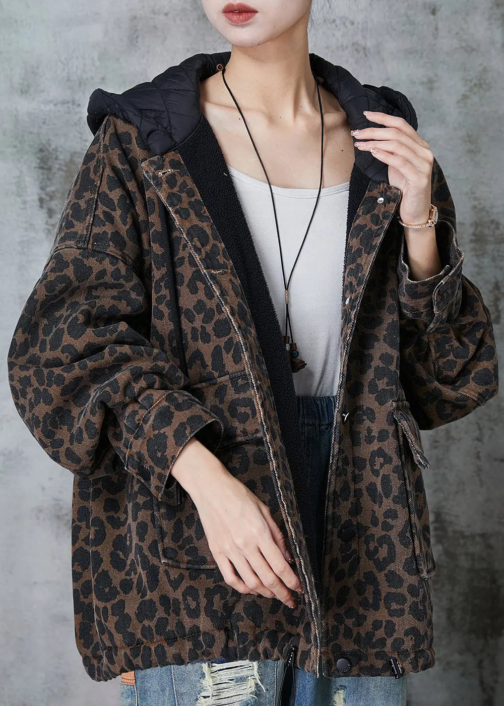 Women Coffee Hooded Leopard Print Warm Fleece Coat Spring JK1015