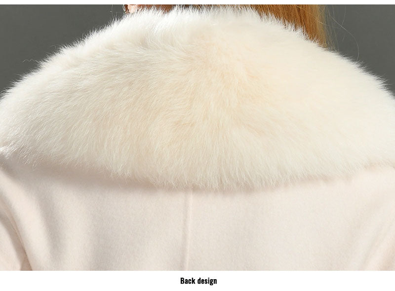 Women's Army Green Real Fox Fur Collar Cashmere Wool Blends Winter Jacket