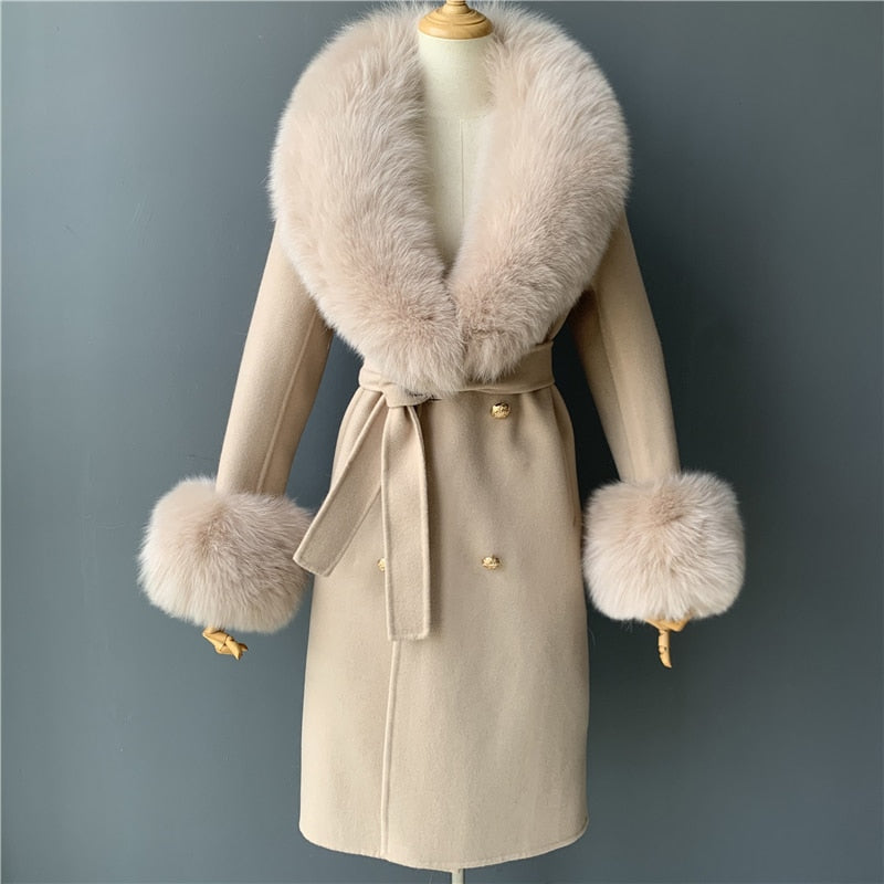 Women's Beige Real Fox Fur Collar Cashmere Wool Blends Long Winter Jacket