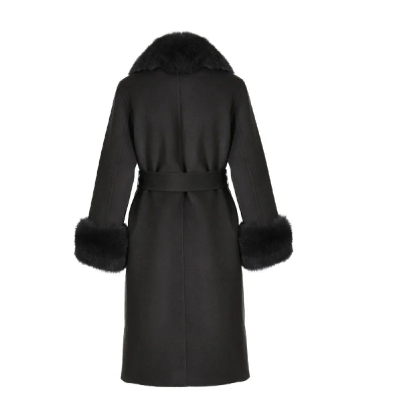 Women's Black Real Fox Fur Collar Cashmere Wool Blends Long Winter Jacket