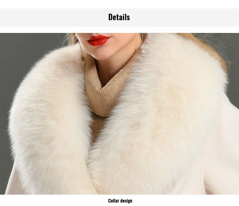 Women's Black Real Fox Fur Collar Cashmere Wool Blends Long Winter Jacket