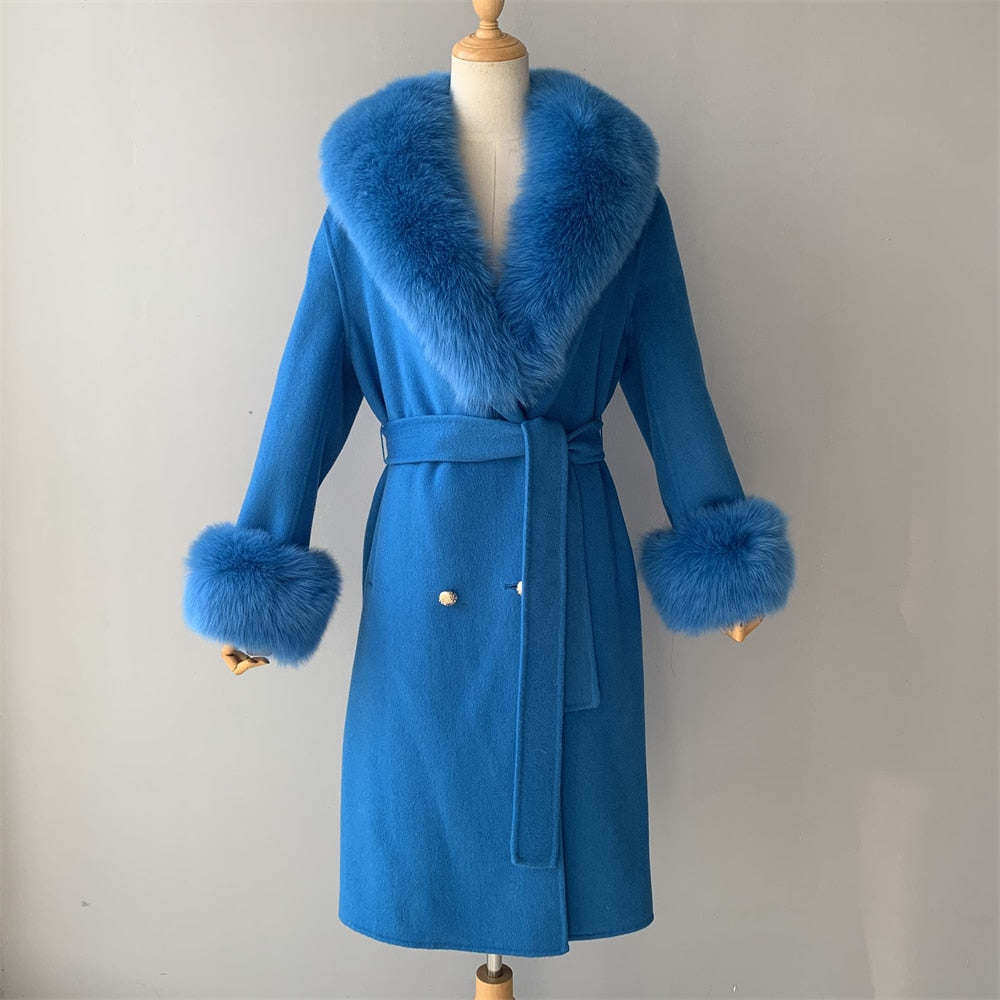 Women's Blue Cashmere Wool Blends Real Fox Fur Collar Long Winter Jacket