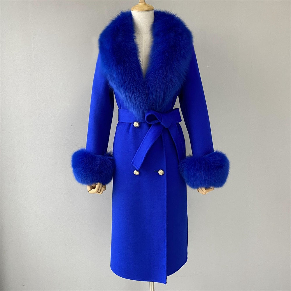 Women's Blue Color Cashmere Wool Natural Fox Fur Collar Long Winter Jacket