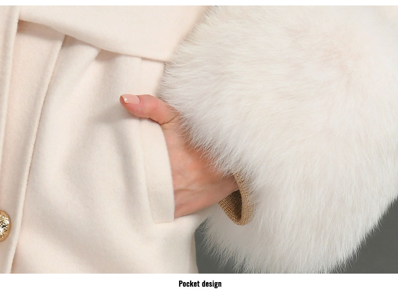 Women's Blue Color Cashmere Wool Natural Fox Fur Collar Long Winter Jacket