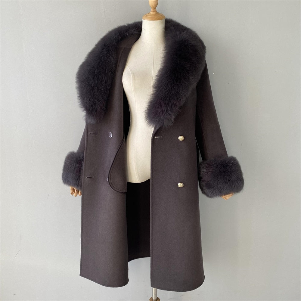 Women's Charcoal Gray Cashmere Real Fox Fur Collar Long Winter Jacket