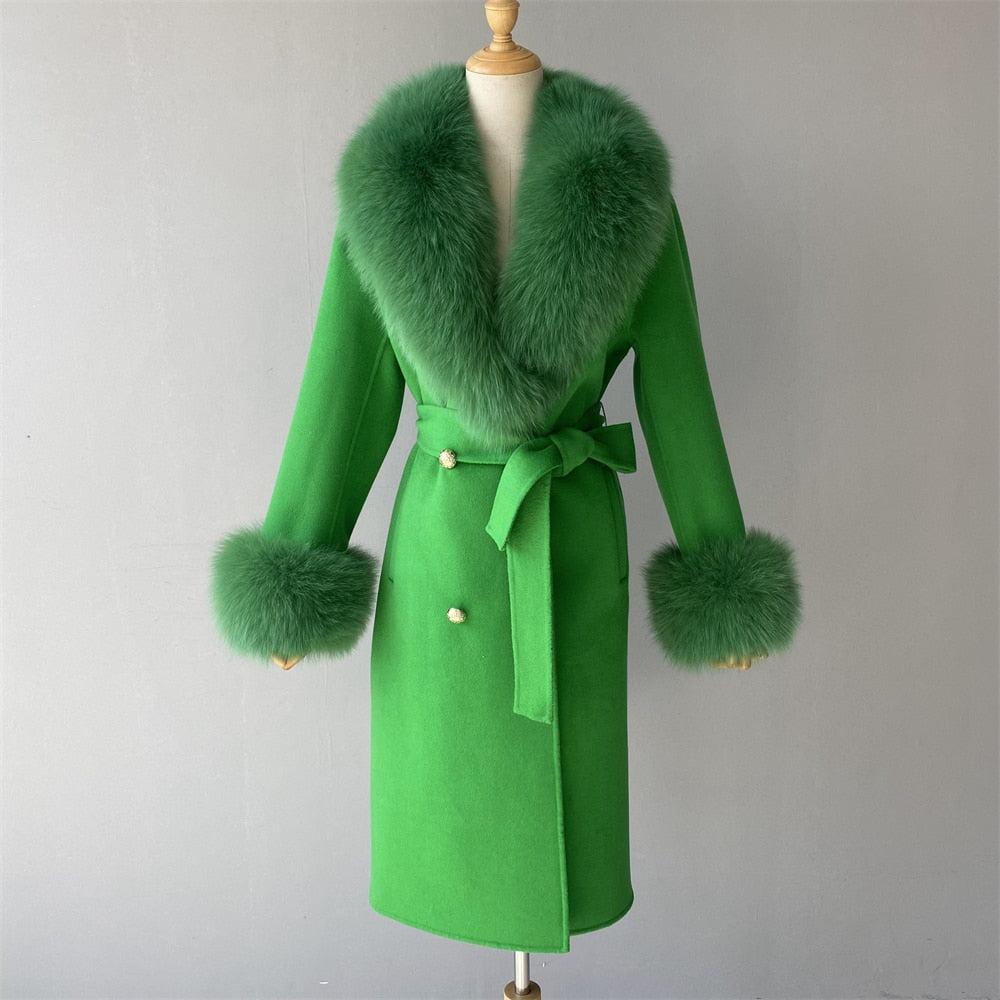 Women's Green Cashmere Real Fox Fur Collar Long Winter Jacket Outerwear