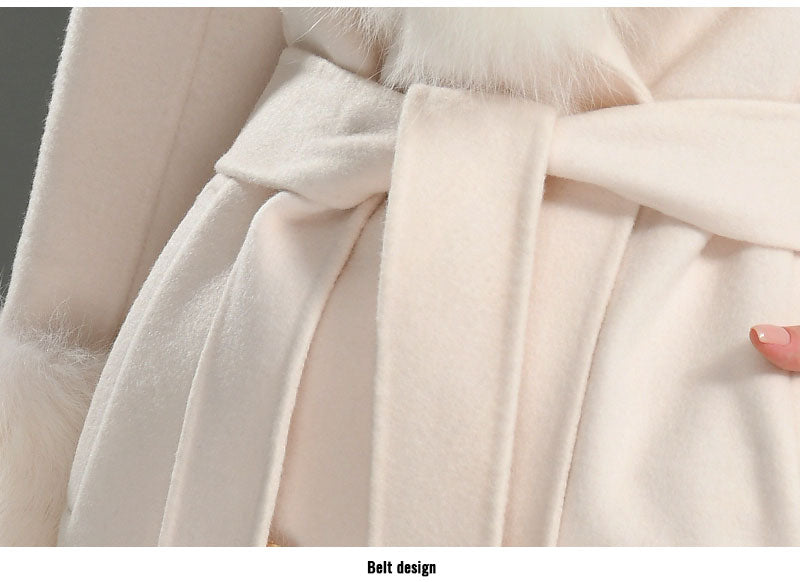 Women's Lavender Winter Cashmere Wool Natural Fox Fur Collar Long Jacket