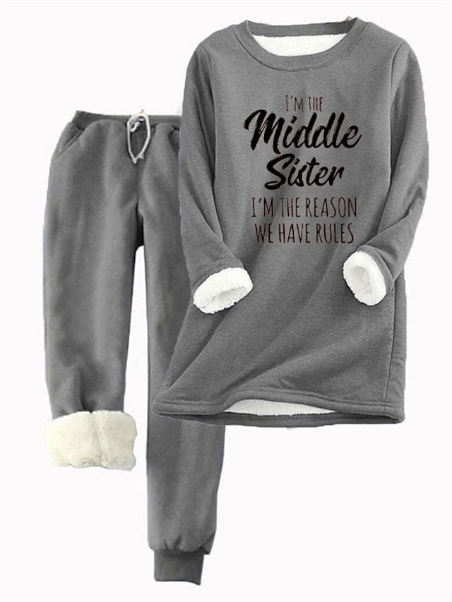 Women's Letter Print Cozy Fleece Hoodie and Tracksuit Pants Set