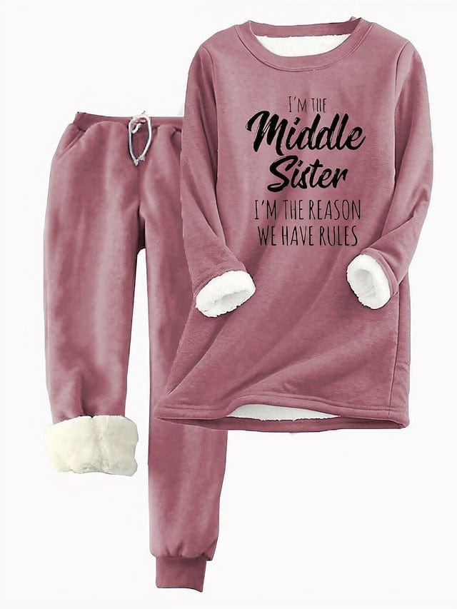 Women's Letter Print Cozy Fleece Hoodie and Tracksuit Pants Set