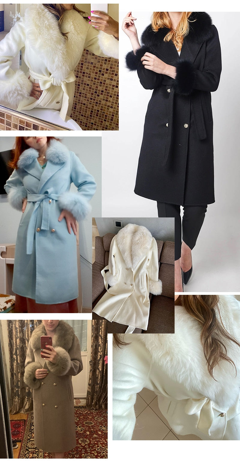 Women's Light Blue Winter Cashmere Wool Natural Fox Fur Collar Long Jacket