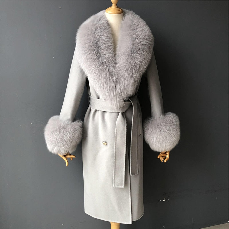 Women's Light Gray Winter Cashmere Wool Natural Fox Fur Collar Long Jacket