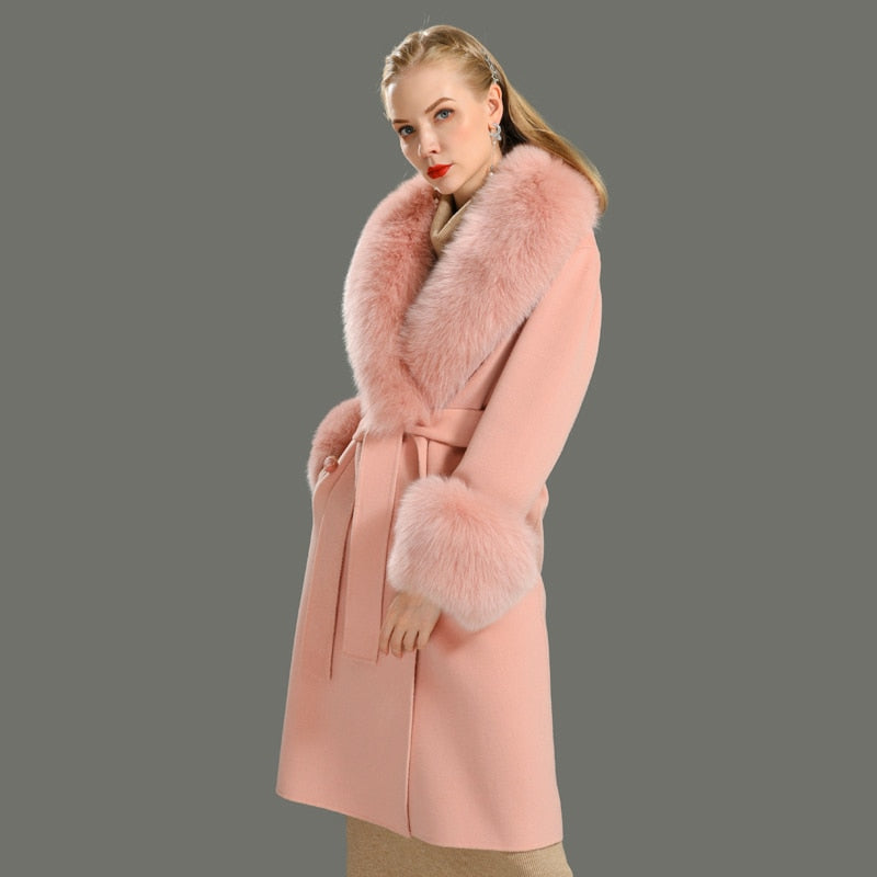 Women's Peach Cashmere Wool Natural Fox Fur Collar Long Winter Jacket