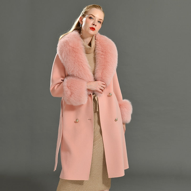 Women's Peach Cashmere Wool Natural Fox Fur Collar Long Winter Jacket