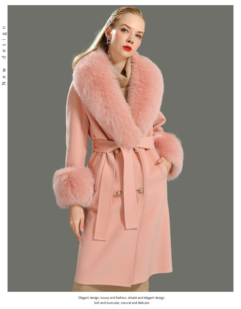 Women's Peach Cashmere Wool Natural Fox Fur Collar Long Winter Jacket