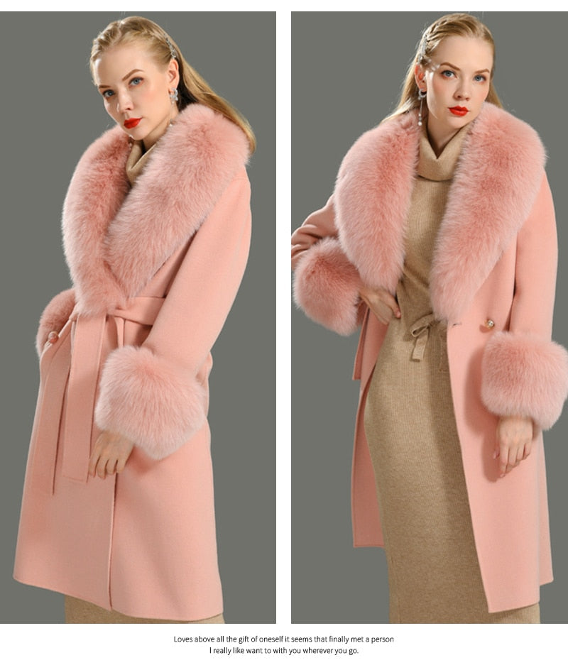 Women's Peach Cashmere Wool Natural Fox Fur Collar Long Winter Jacket