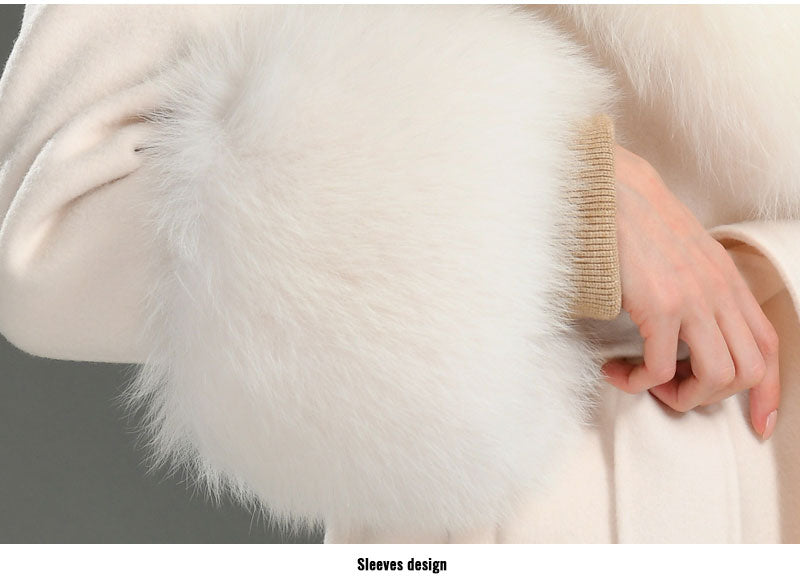 Women's Peach Cashmere Wool Natural Fox Fur Collar Long Winter Jacket