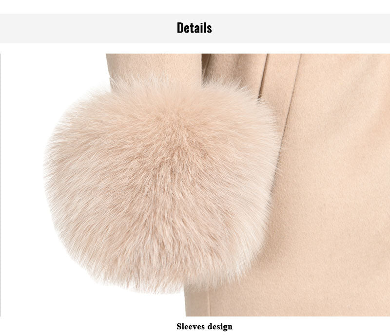 Women's Pink Cashmere Wool Natural Fox Fur Collar Long Winter Jacket