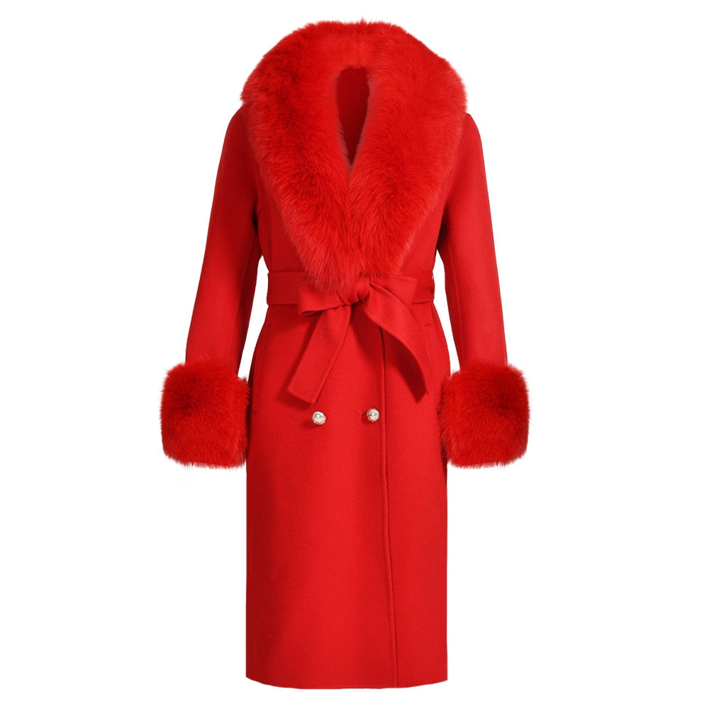 Women's Red Cashmere Wool Blends Natural Fox Fur Collar Long Winter Jacket