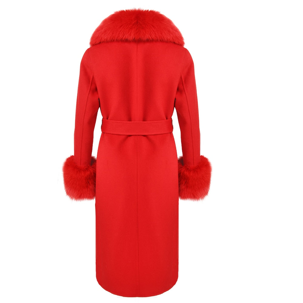 Women's Red Cashmere Wool Blends Natural Fox Fur Collar Long Winter Jacket