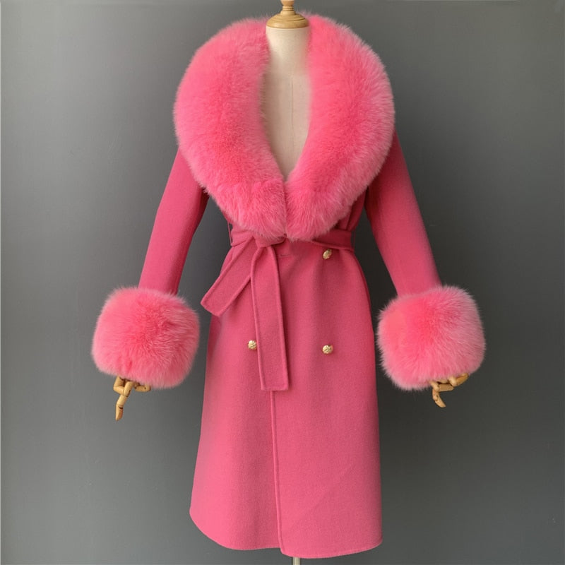 Women's Rose Red Cashmere Wool Natural Fox Fur Collar Long Winter Jacket