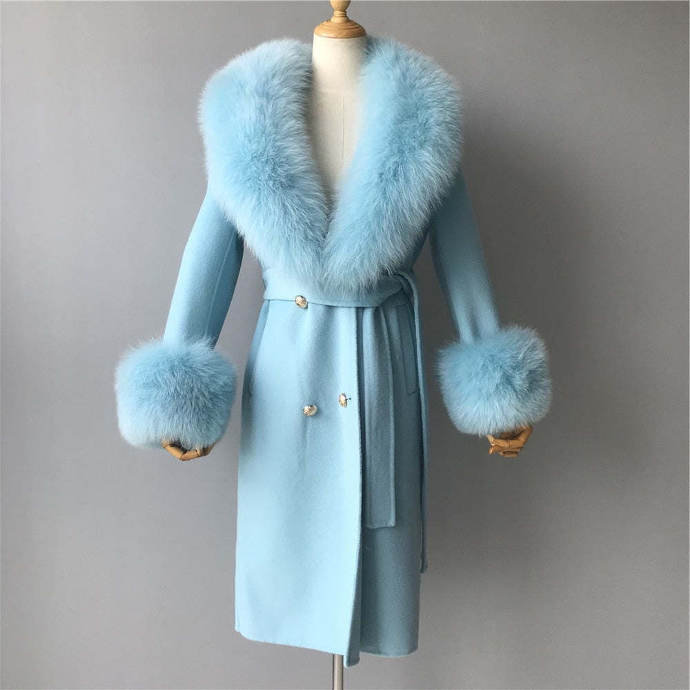 Women's Sky Blue Winter Cashmere Wool Natural Fox Fur Collar Long Jacket