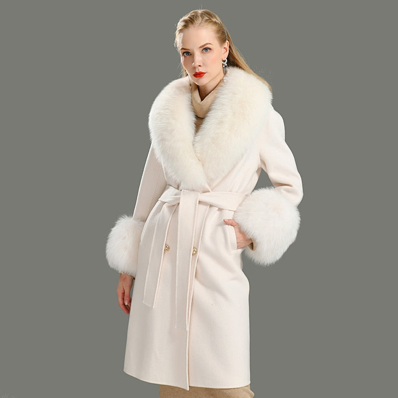 Women's White Winter Cashmere Wool Natural Fox Fur Collar Long Jacket