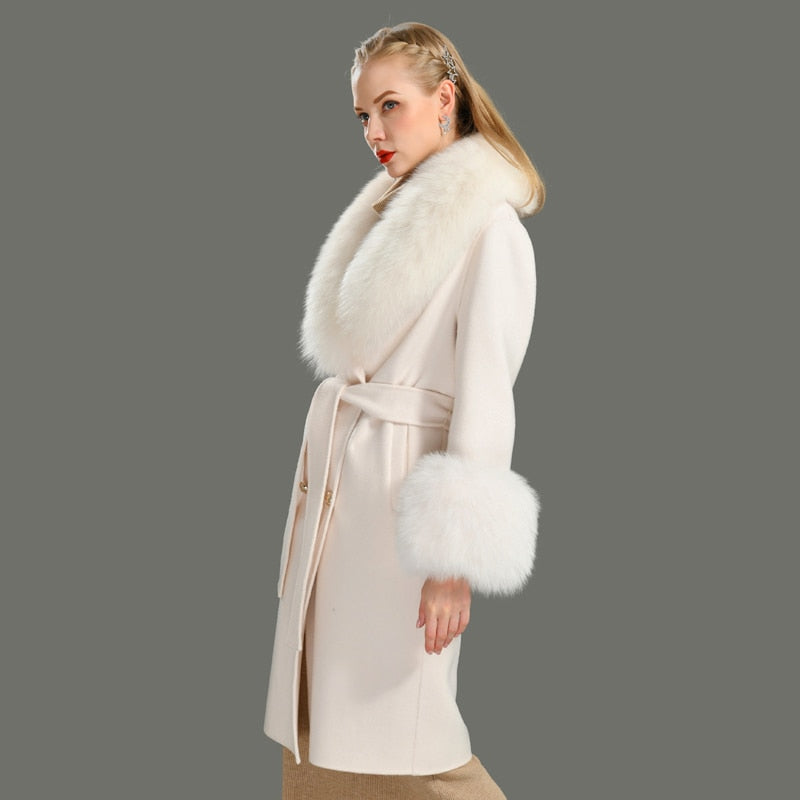 Women's White Winter Cashmere Wool Natural Fox Fur Collar Long Jacket