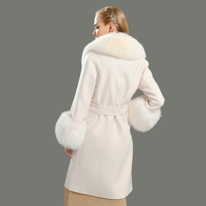 Women's White Winter Cashmere Wool Natural Fox Fur Collar Long Jacket