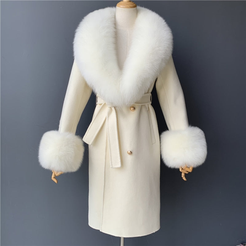 Women's White Winter Cashmere Wool Natural Fox Fur Collar Long Jacket