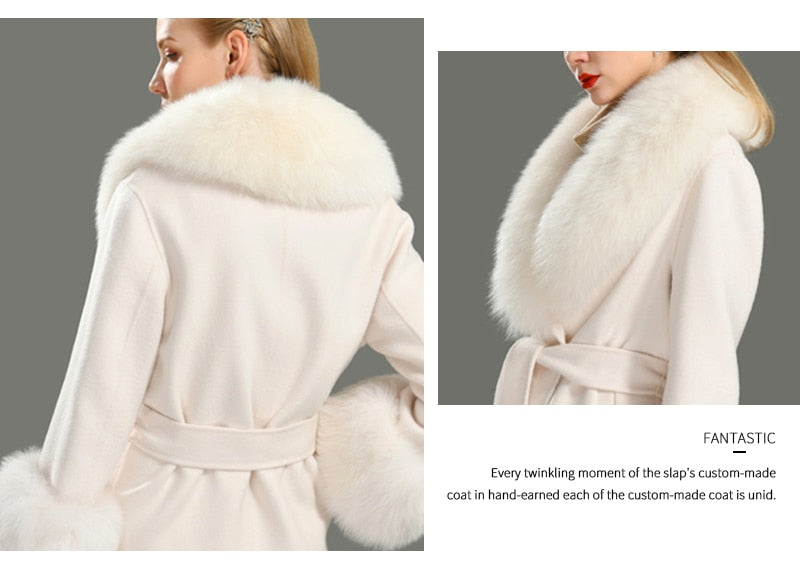 Women's White Winter Cashmere Wool Natural Fox Fur Collar Long Jacket