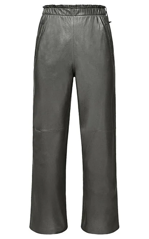 Women's wide leather pants, dark khaki, oakwood 64599