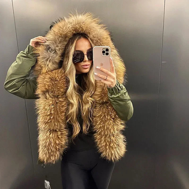 Women's Winter Real Fox Fur Trim Hooded Collar Short Bomber Jacket