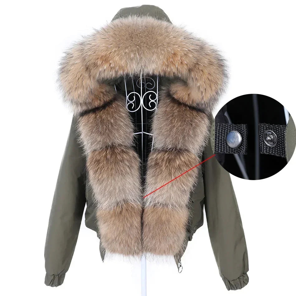 Women's Winter Real Fox Fur Trim Hooded Collar Short Bomber Jacket