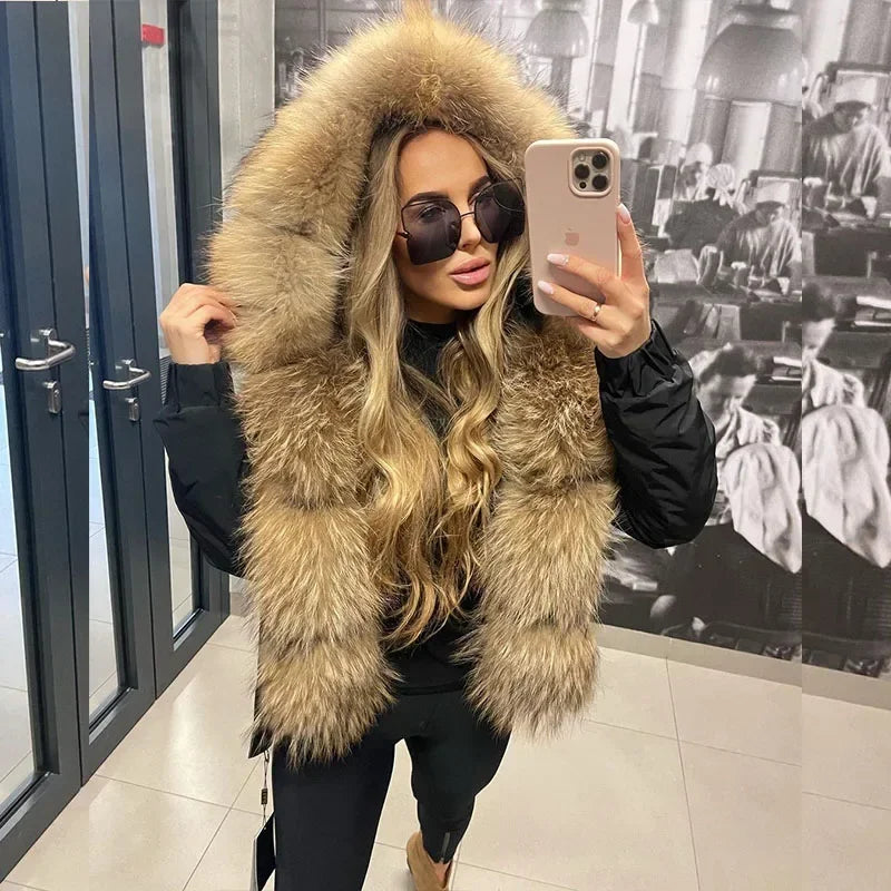 Women's Winter Real Fox Fur Trim Hooded Collar Short Bomber Jacket