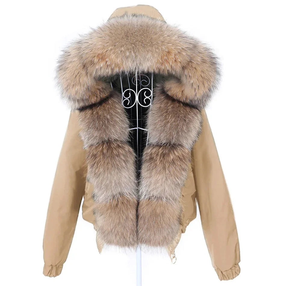 Women's Winter Real Fox Fur Trim Hooded Collar Short Bomber Jacket