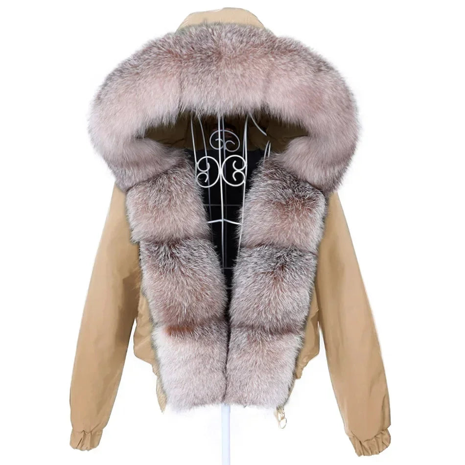 Women's Winter Real Fox Fur Trim Hooded Collar Short Bomber Jacket