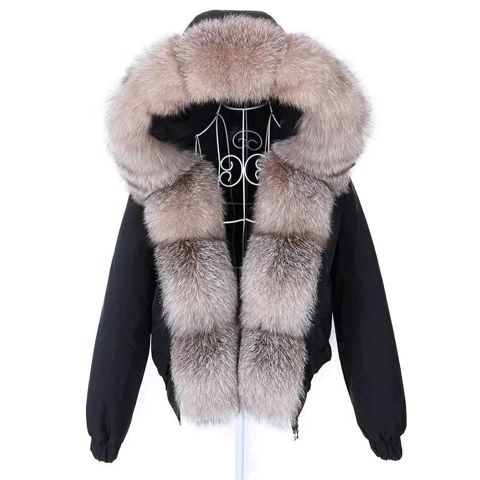 Women's Winter Real Fox Fur Trim Hooded Collar Short Bomber Jacket