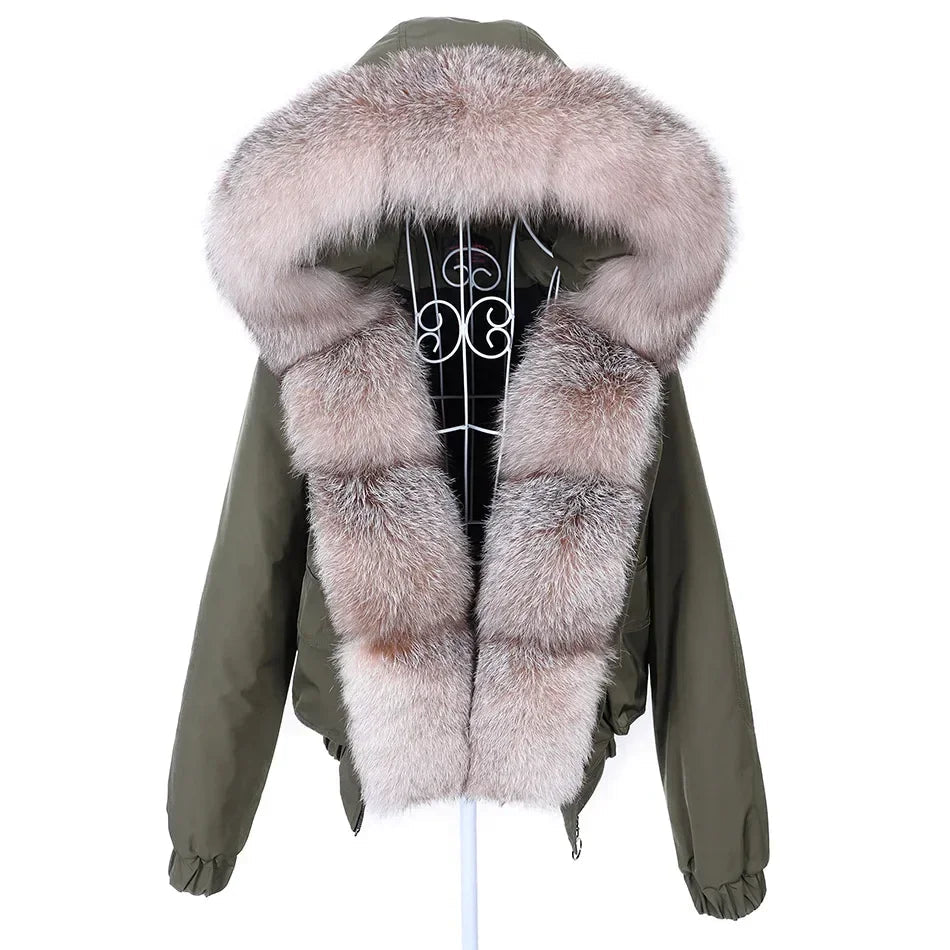 Women's Winter Real Fox Fur Trim Hooded Collar Short Bomber Jacket