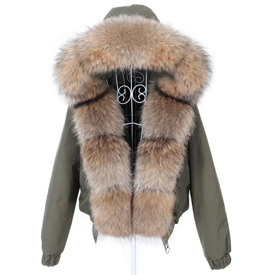 Women's Winter Real Fox Fur Trim Hooded Collar Short Bomber Jacket