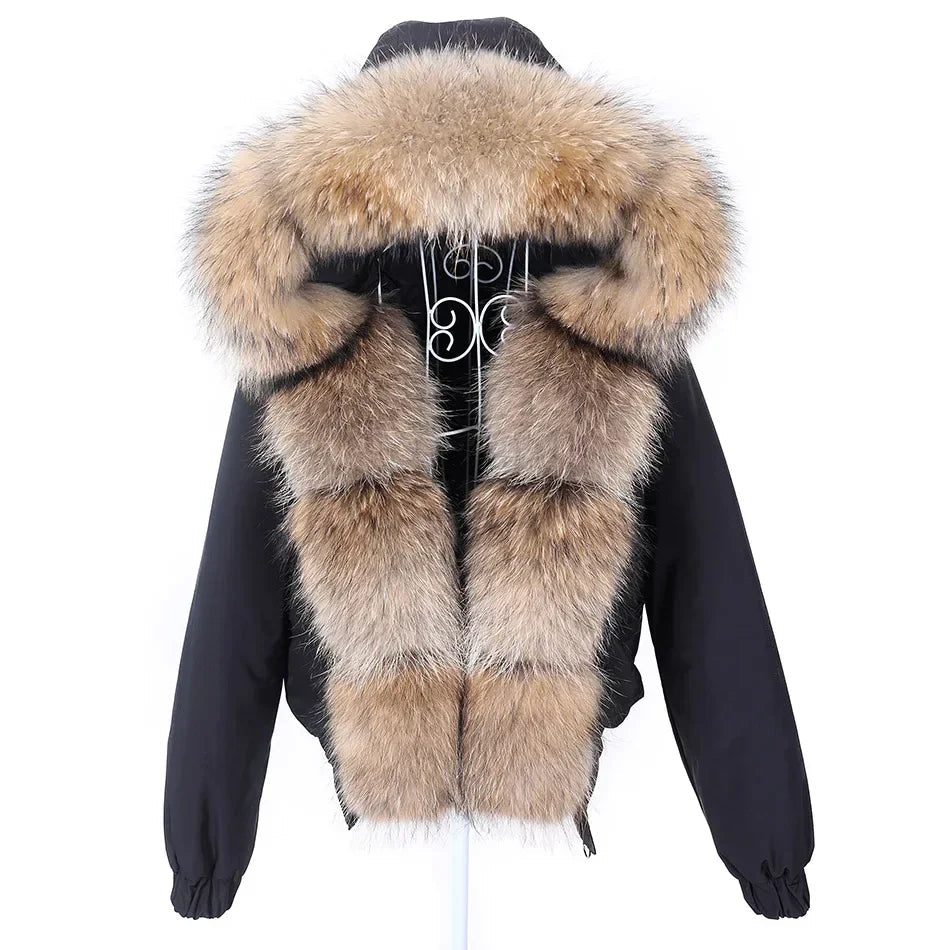 Women's Winter Real Fox Fur Trim Hooded Collar Short Bomber Jacket