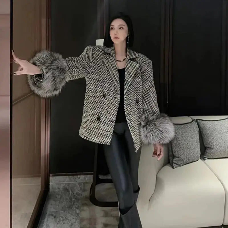 Women's Winter Tweed Wool Double Breasted Lapel Fox Fur Cuff Coat