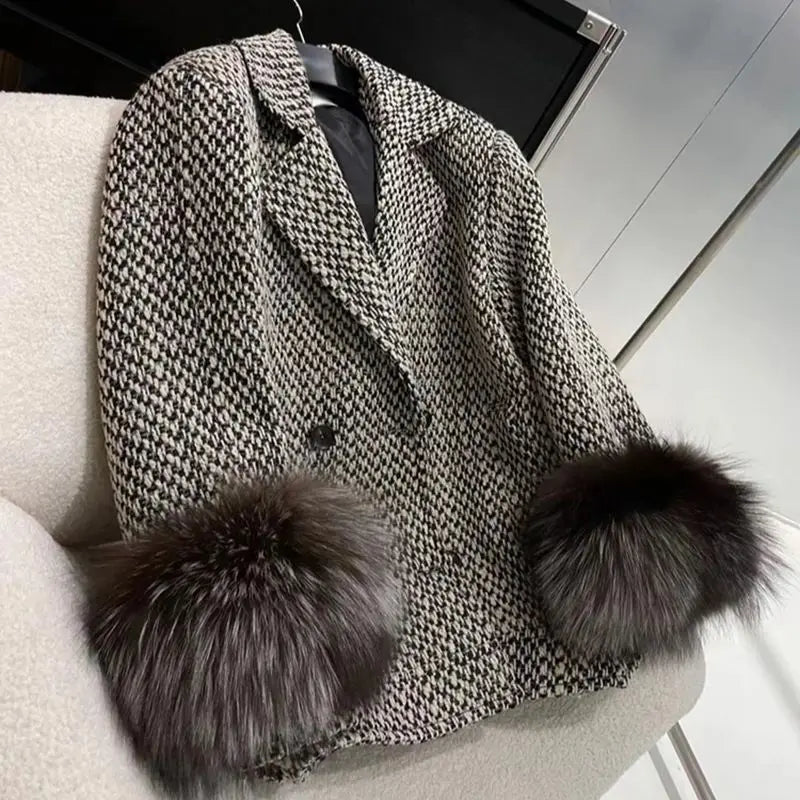 Women's Winter Tweed Wool Double Breasted Lapel Fox Fur Cuff Coat