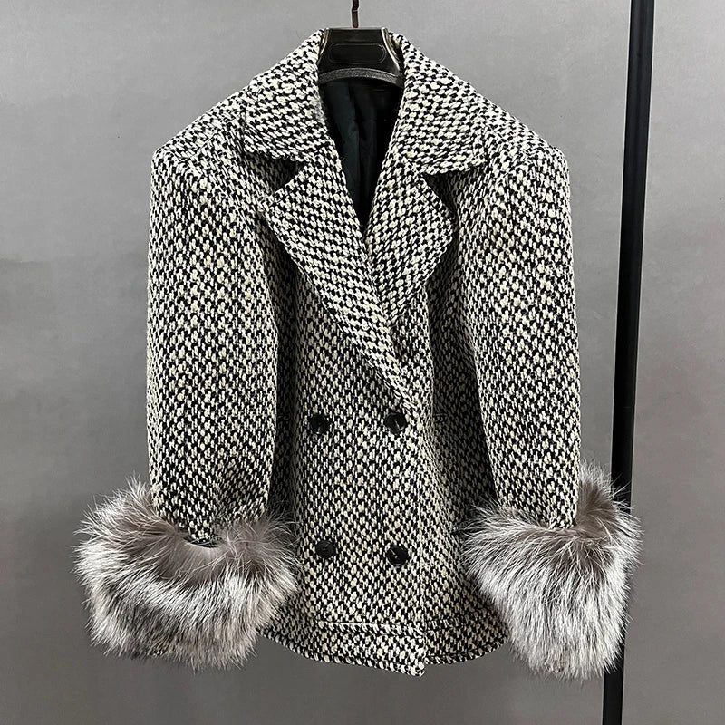 Women's Winter Tweed Wool Double Breasted Lapel Fox Fur Cuff Coat