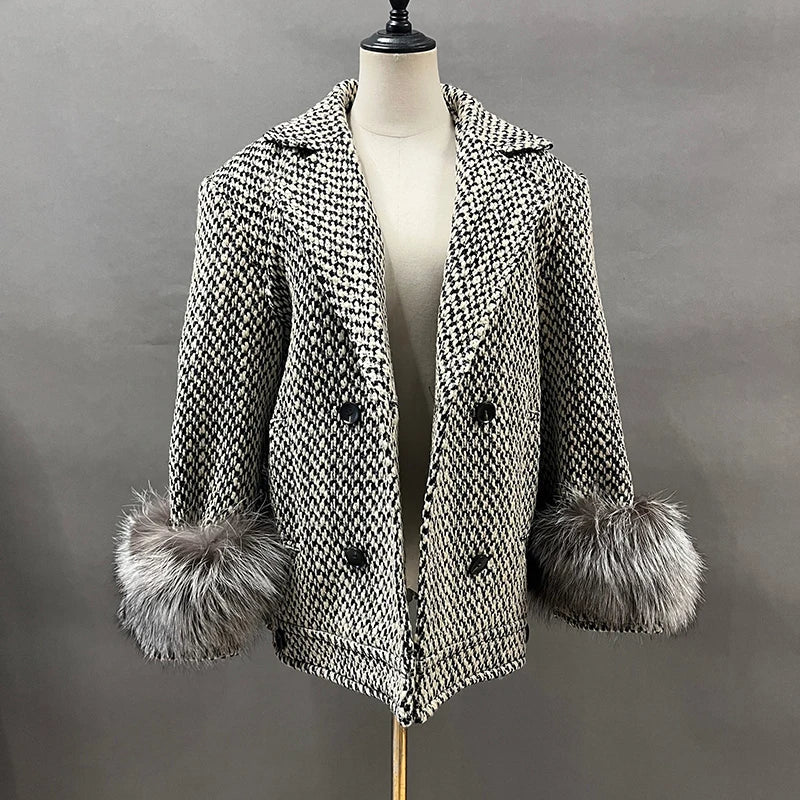 Women's Winter Tweed Wool Double Breasted Lapel Fox Fur Cuff Coat