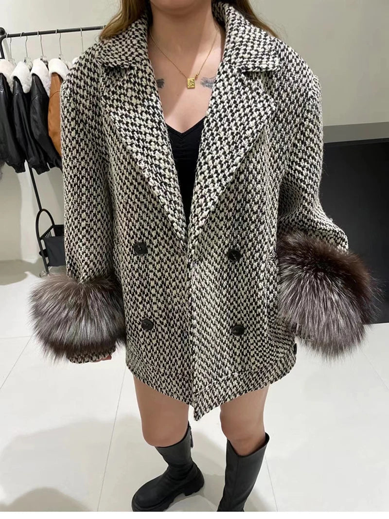 Women's Winter Tweed Wool Double Breasted Lapel Fox Fur Cuff Coat